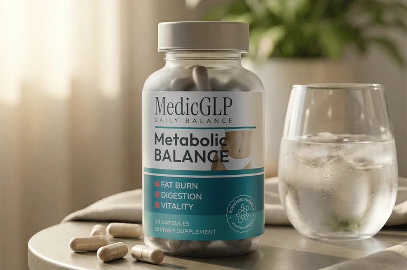 MedicGLP Kapseln und Wasserglas auf einem Tisch