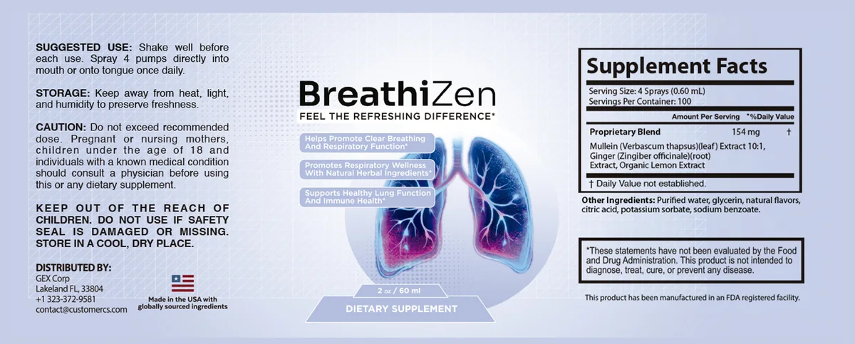 BreathiZen Supplement Facts label showing a 154mg proprietary blend of Mullein Leaf, Ginger Root and Organic Lemon extracts per 4-spray serving