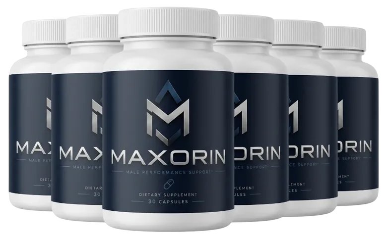 Six bottles of Maxorin Male Performance Support capsules with navy labels and white caps