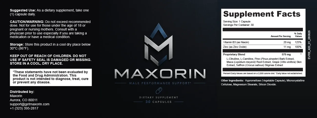 Full Maxorin bottle label showing Supplement Facts: Vitamin B3 20 mg, Zinc 11 mg and a 570 mg proprietary blend, plus directions and warnings