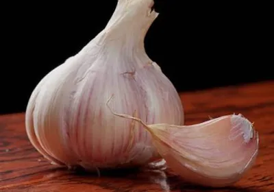 A whole garlic bulb with a peeled clove