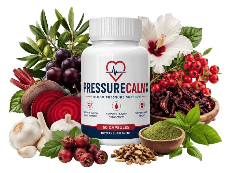 PressureCalmX 60-capsule bottle surrounded by garlic, hawthorn berries, hibiscus flower, olive leaves and green tea powder