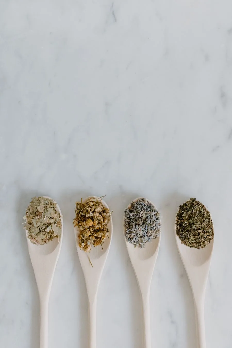 Dried botanical herbs on wooden spoons