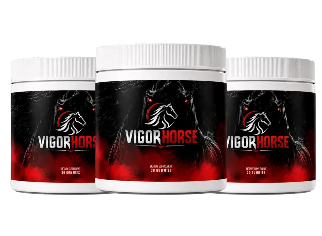 Three bottles of VigorHorse gummies in black and red packaging